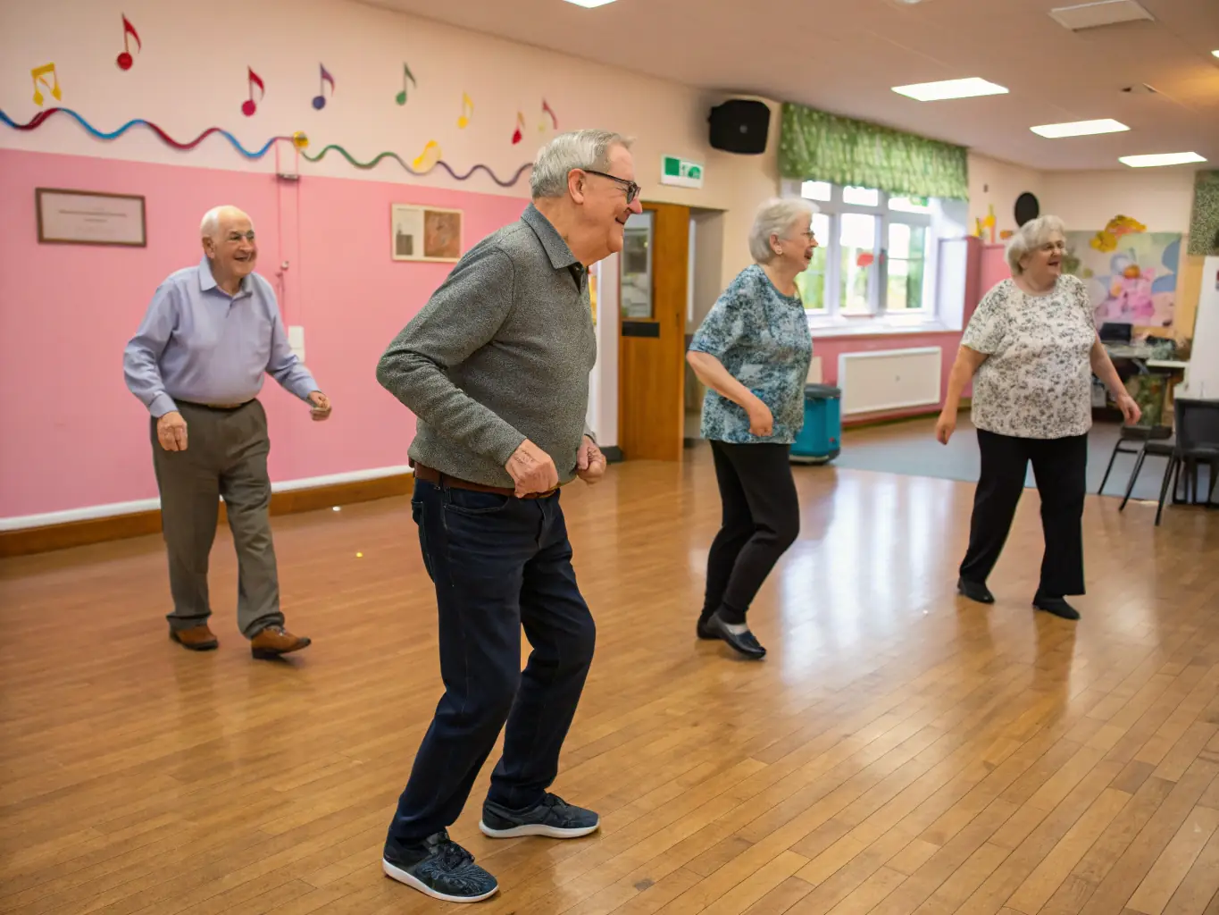 A lively image of a group of people dancing during a community dance class, capturing the energy and fun of the activity.