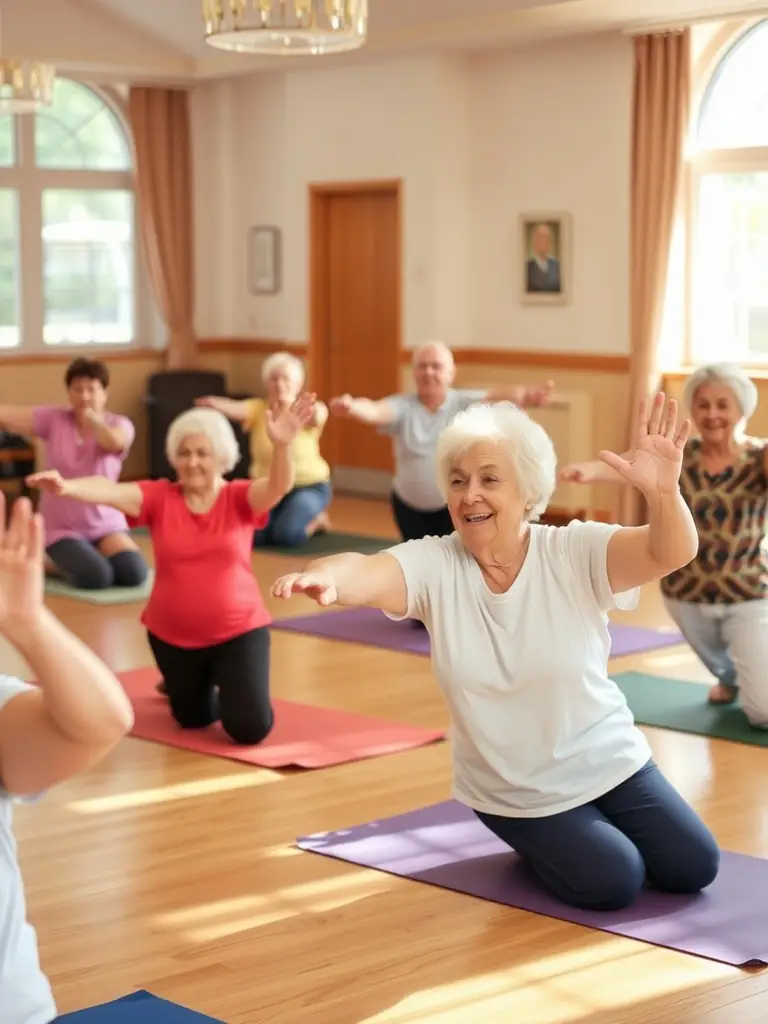 A group of seniors participating in a gentle exercise class, with a focus on mobility and well-being, demonstrating the organization's commitment to all age groups.