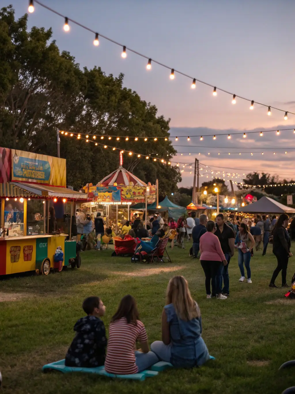 A lively outdoor community festival with music, food stalls, and families enjoying various activities, illustrating the community spirit fostered by ASS CENTRE LOISIRS.