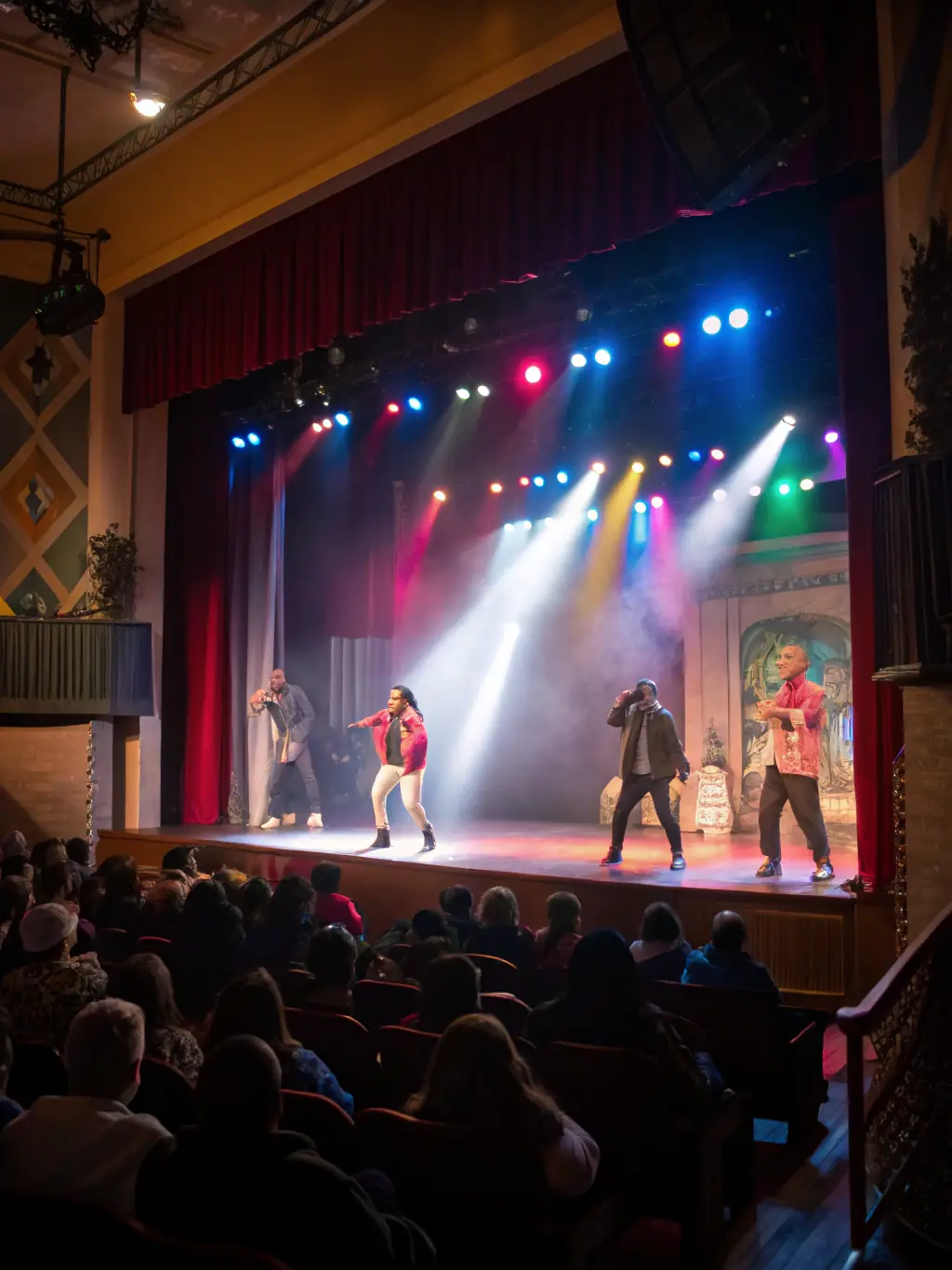 A scene from a community theater performance, with actors in costume on stage, highlighting the artistic talent and community involvement supported by ASS CENTRE LOISIRS.