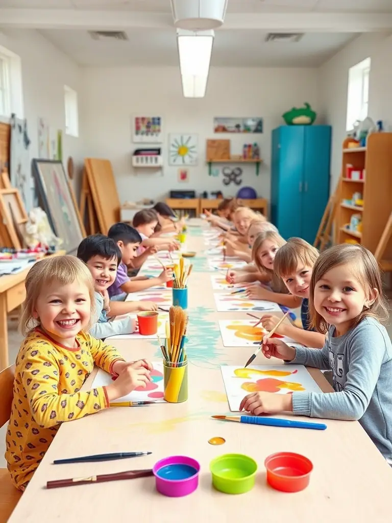 A group of children participating in a vibrant painting workshop, with colorful artwork displayed in the background, reflecting the joy and creativity fostered by ASS CENTRE LOISIRS.