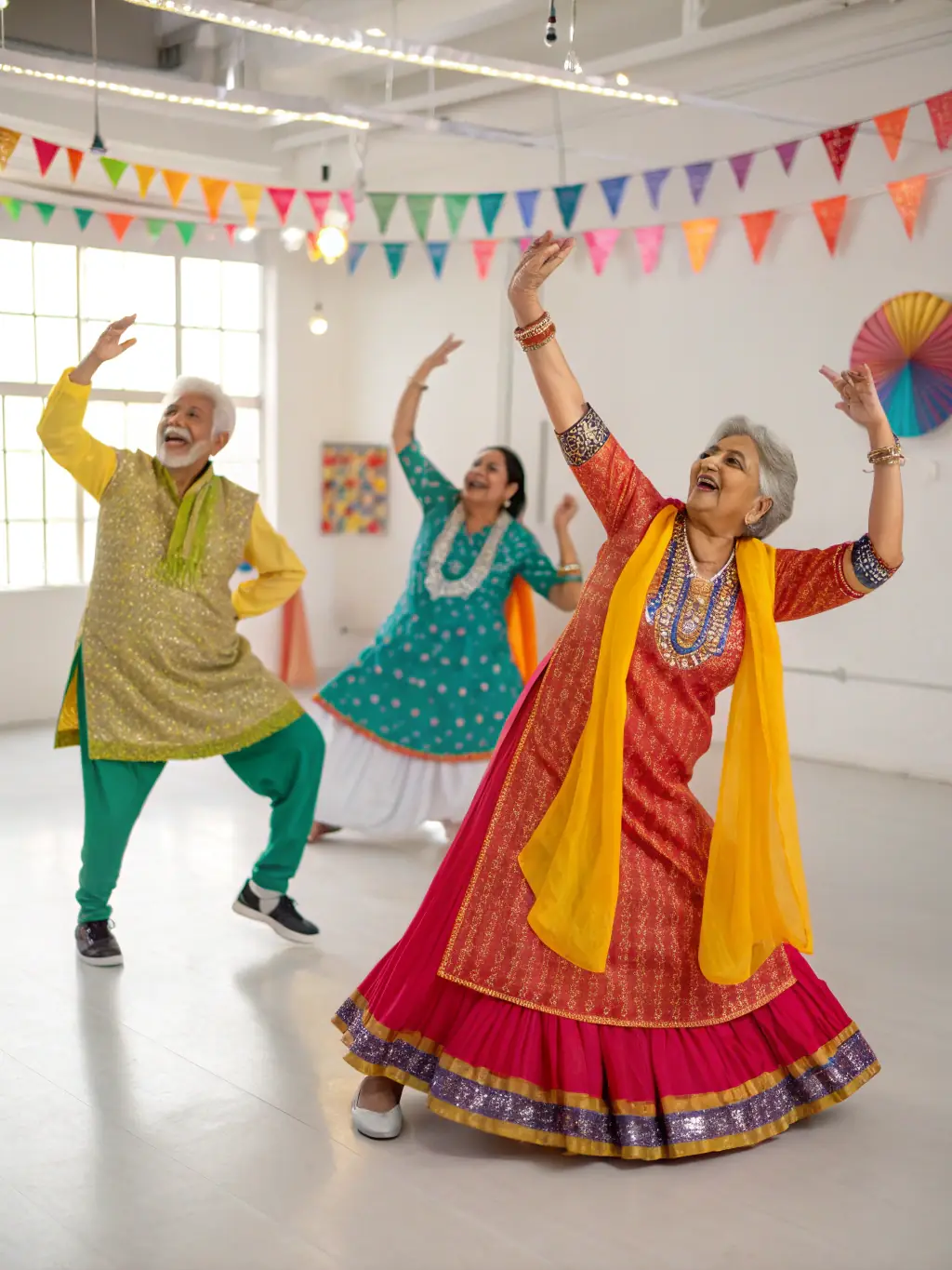 A diverse group of adults learning a traditional dance, with a skilled instructor guiding them, showcasing the cultural exchange promoted by ASS CENTRE LOISIRS.