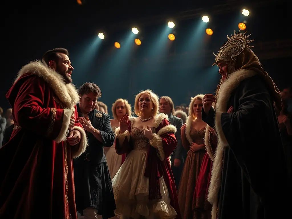 A captivating image of a theatrical performance, highlighting the costumes, stage design, and the actors' expressions.