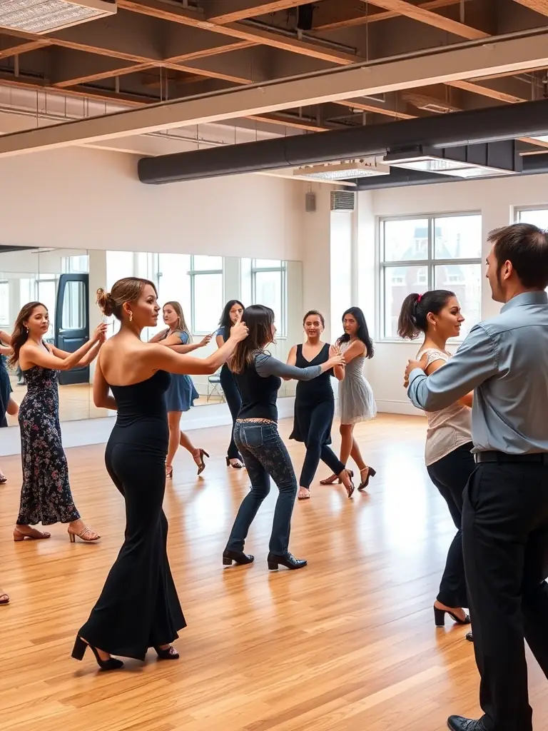 A photograph of adults engaged in a lively dance class, with a professional instructor leading the session, highlighting the physical and social benefits of the program.
