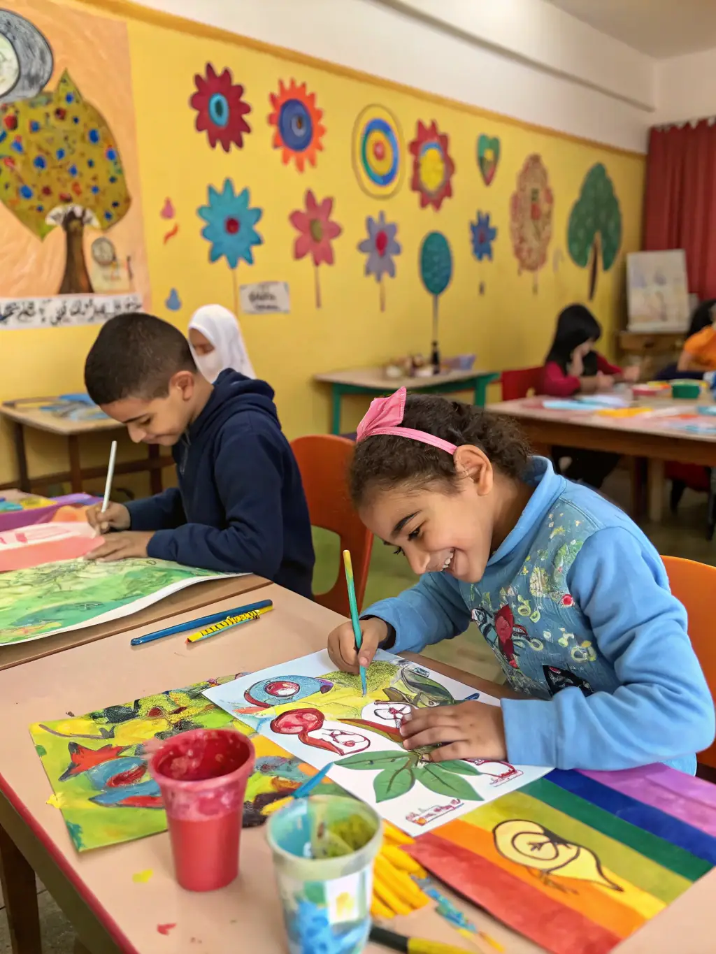 A group of children participating in a painting workshop, with colorful artwork displayed in the background, showcasing the creativity fostered by ASS CENTRE LOISIRS.