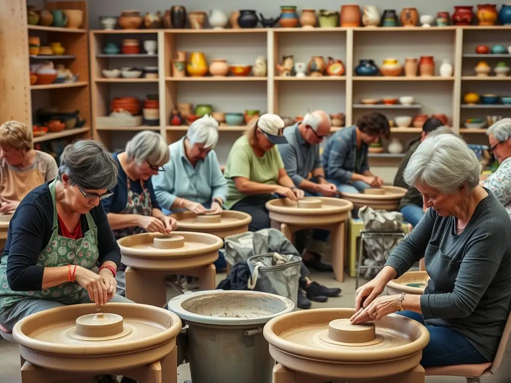 A vibrant image of participants engaged in a pottery workshop, showcasing the creative process and the joy of learning a new skill.